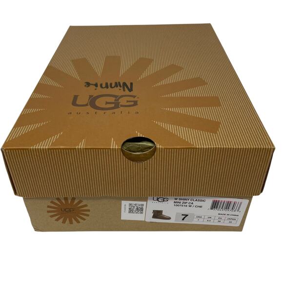 UGG Size 7 Shiny Classic Mini Zip Cancer Awareness Chestnut Boots NEW IN BOX - Picture 11 of 16